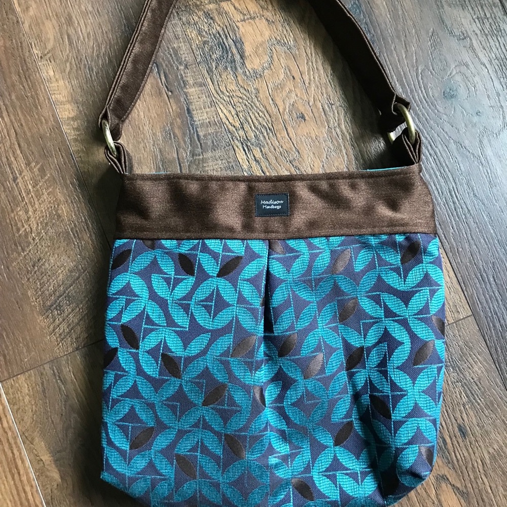 Madison Handbag. Teal and Brown Leaf Pattern.
